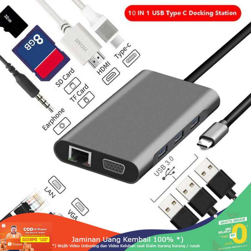 (BISA COD) RVOSTR EASYIDEA USB Type C Hub 10in1 HDMI+VGA+USB 3.0+RJ45+Card Reader HB3004