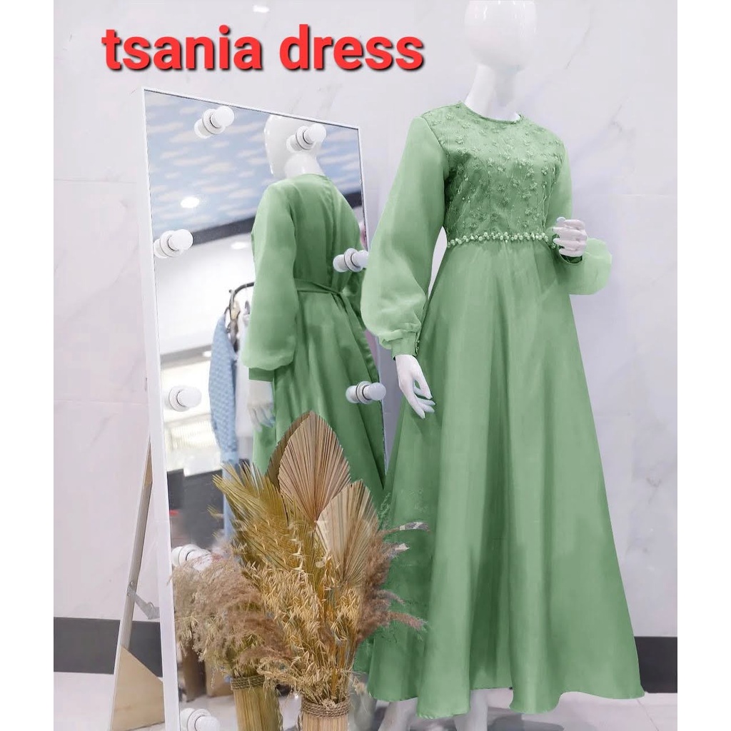 ELDE 12 -  TSANIA DRESS BRUKAT (L - XL - XXL) BAHAN TILE MUTIARA LAPIS FURING KOMBI BAWAH ROBERTO BAGIAN LENGAN ORGANZA LAPIS FURING PINGGANG MUTIARA TEMBAK MODEL SLETING BELAKANG, TALI OBI KIRI DAN KANAN