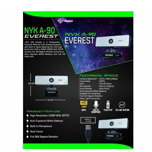 NYK A90 WEBCAM EVEREST 1080P AUTO FOCUS PC CAMERA COMPUTER LAPTOP 1080P NYK ORIGINAL