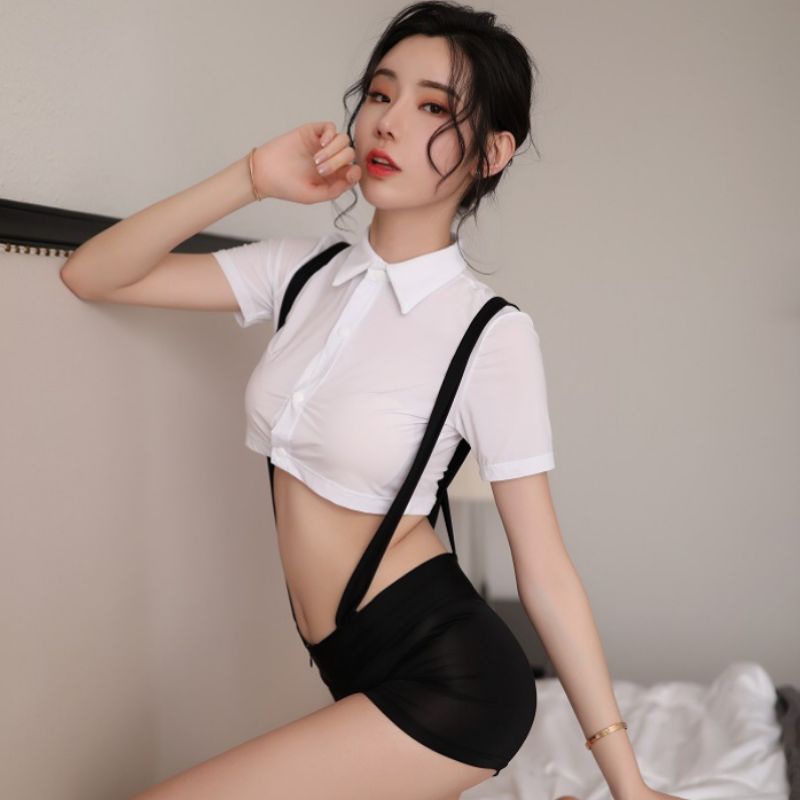 Kostum Seragam Sekolah Cosplay Jumpsuit Hotpants Bib Suspender Set Crop Top