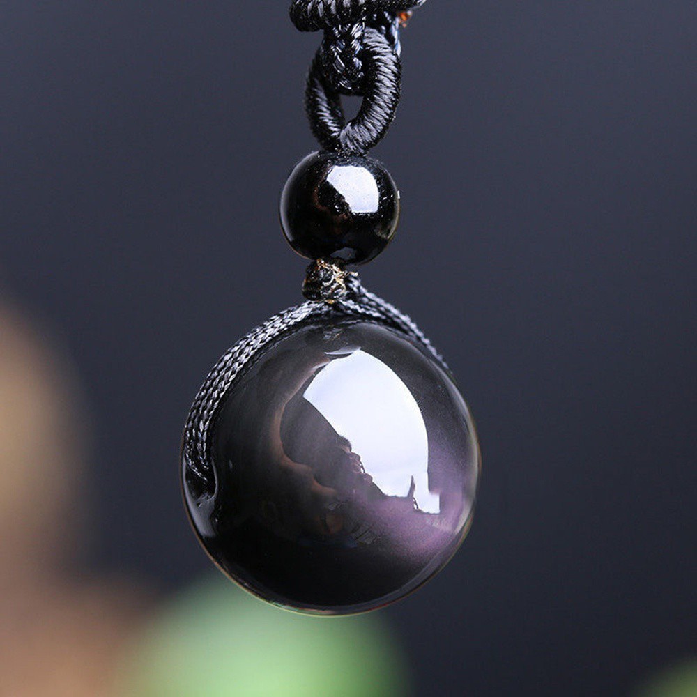 Kalung Wanita Dan Pria Kristal Alami Hitam Obsidian Rainbow Eye Beads