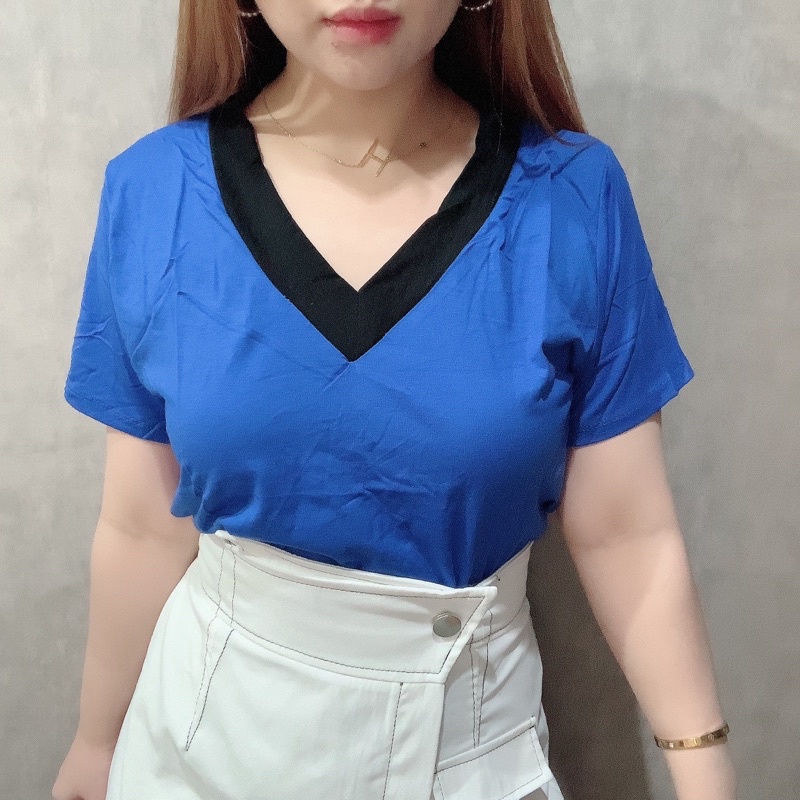Color Block V-Neckline  | Baju Kaos Jumbo Bigsize Atasan Wanita | Maimon Grosir