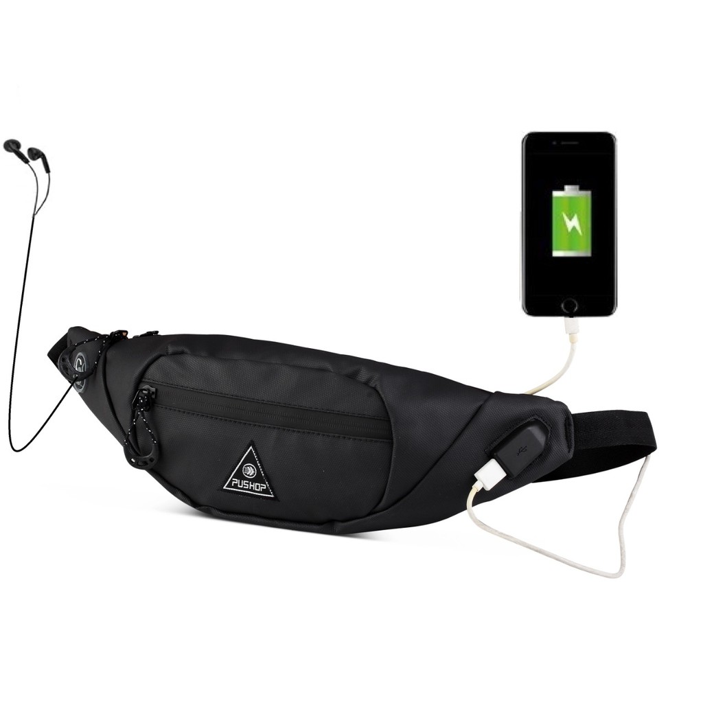 Waistbag Pria USB Waterproof PUSHOP AUTHENTIC Black Phan