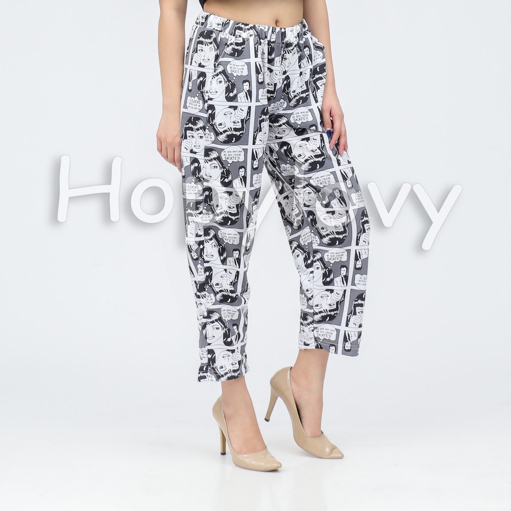 HOPYLOVY - Celana Panjang Wanita Motif Print Komik bahan Babyterry