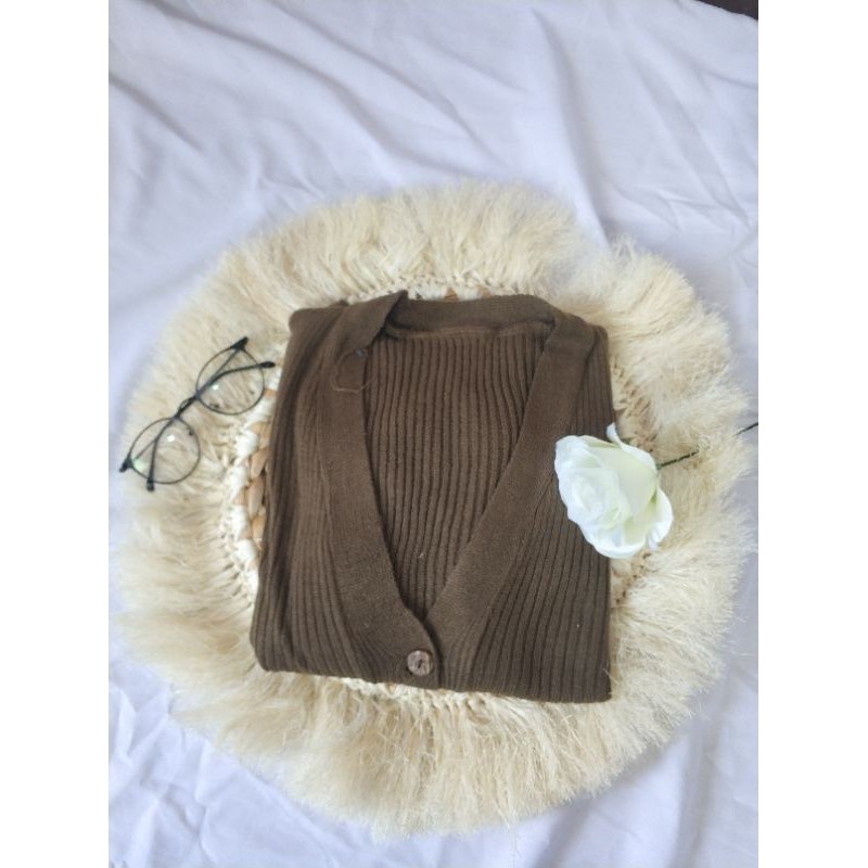 CARDIGAN RAJUT SALUR KANCING BATOK | Cardy Crop Rajut Wanita Oversize-K. BATOK BRONZE