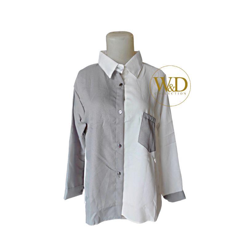 Kemeja Wanita Polos Casual Blouse Basic Kombinasi Warna Lengan Panjang Kekinian  Moscrepe-Abu Kombi 84