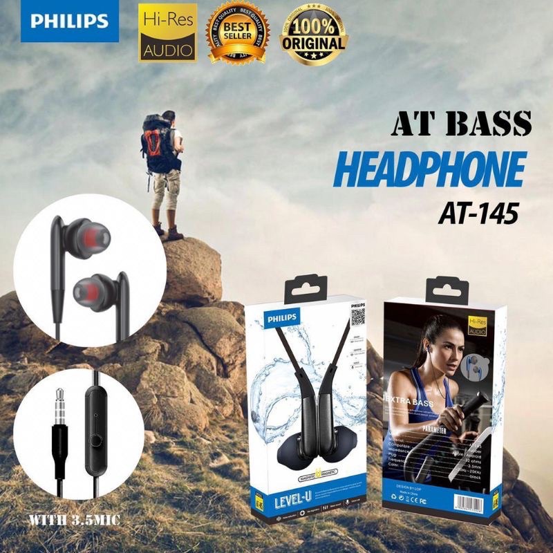 HANDSFREE PHILIPS MURAH AT145 LEVEL U IN EAR EXTRA BASS EARPHONE HENSET HEADSET HENSED PHILIPS AT-145 LEVEL U