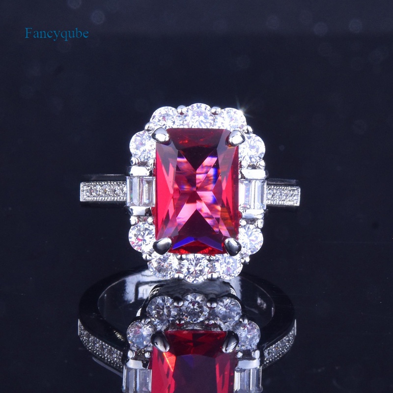 Fancyqube Cincin Silver Hias Batu Zircon Merah Bentuk Kotak Dapat Disesuaikan Gaya Vintage Untuk Wanita