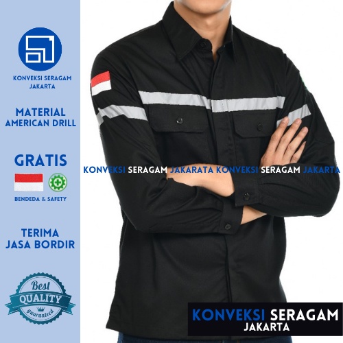 Baju Kemeja Safety K3 Lengan Panjang - Seragam Kerja Atasan Wearpack Werpack Werpak Proyek Tambang Warna Hitam Pria Wanita - Konveksi Seragam Jakarta