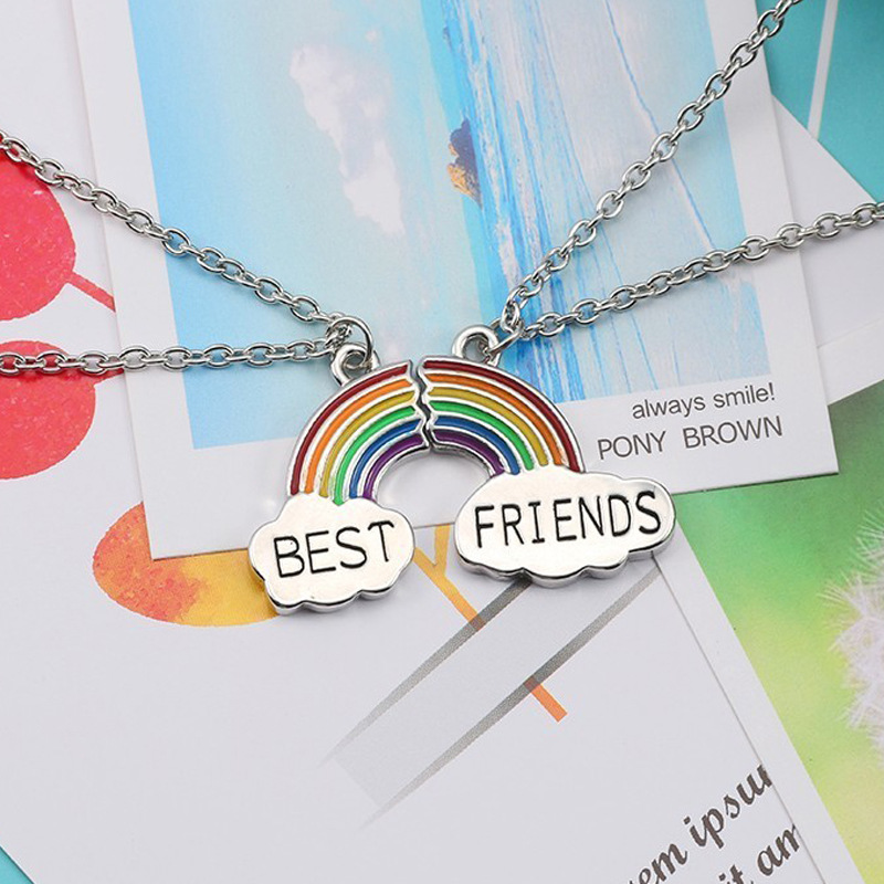 1/2Pcs Women Stitching Heart Rainbow Friendship Couple Necklace / Best Friends Rainbow Pendant Necklace