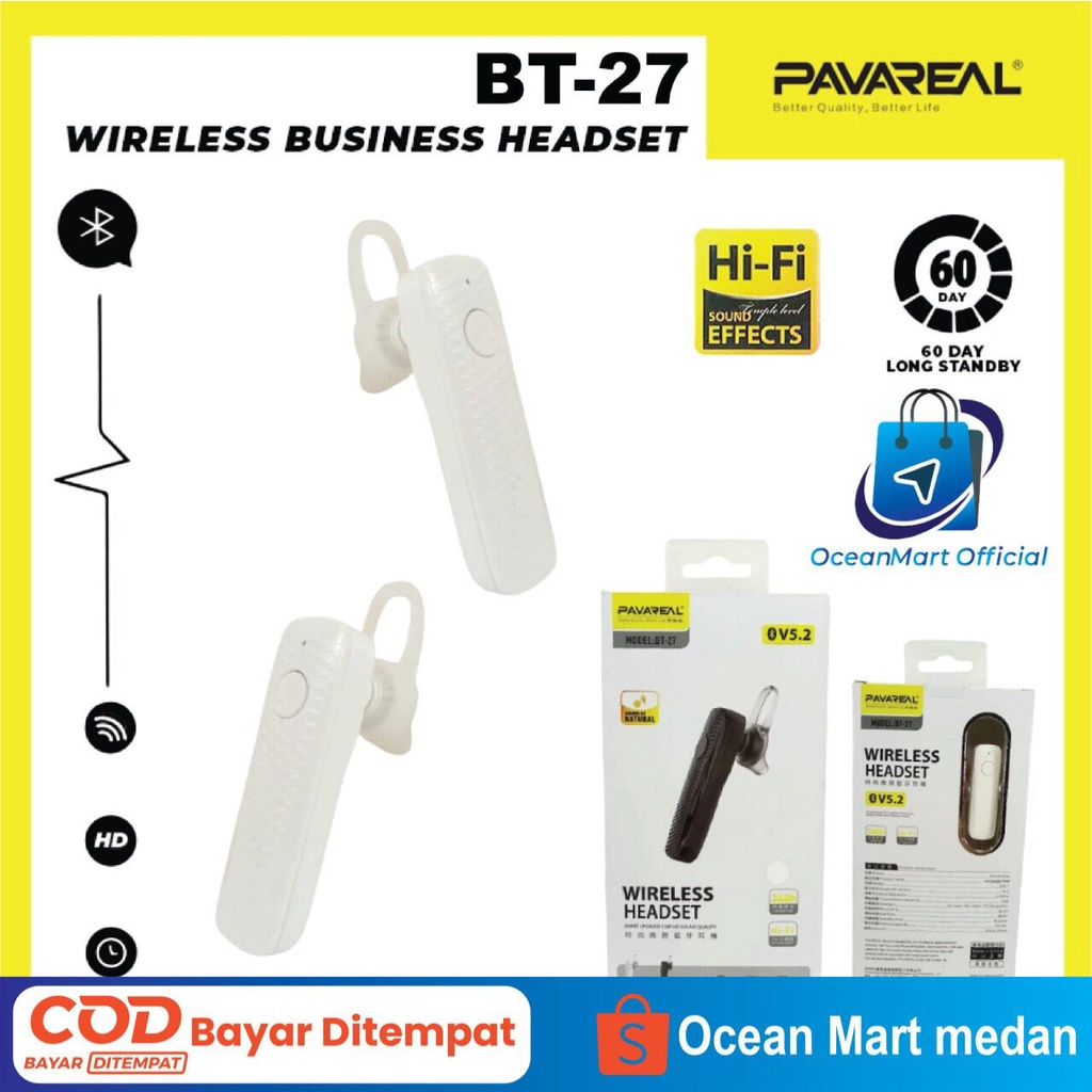 Pavareal Headset Wireless Bluetooth BT27 Earphone Handsfree TWS V5.0 Aksesoris Handphone HP OCEANMART OCEAN MART Murah Grosir