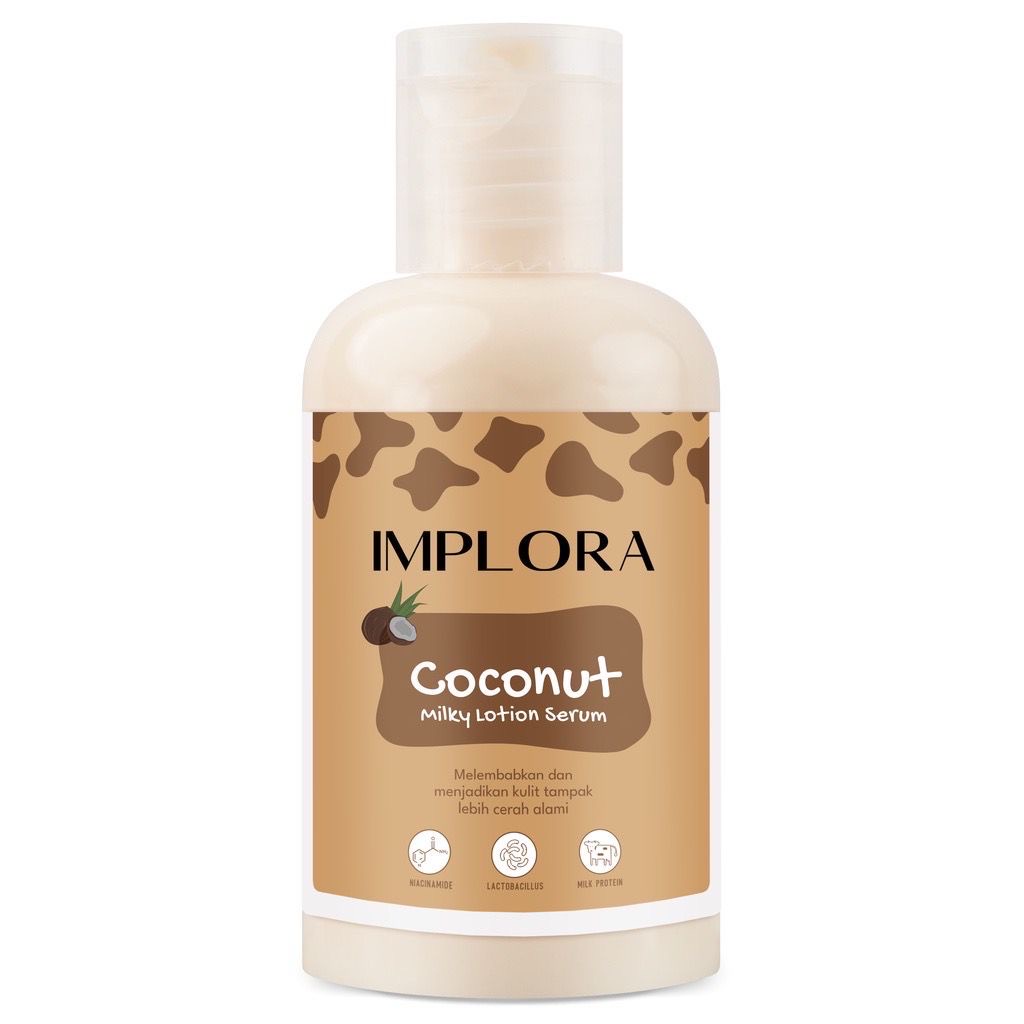 IMPLORA Milky Lotion Serum 60ml Indonesia / Almond Banana Blueberry Cherry Coconut Grape Melon Strawberry / Niacinamide Lactobacillus Milk Protein / Melembabkan Mencerahkan / Skincare Body Care Cream Butter Perawatan Treatment Kulit Tubuh Susu Paket 100ml