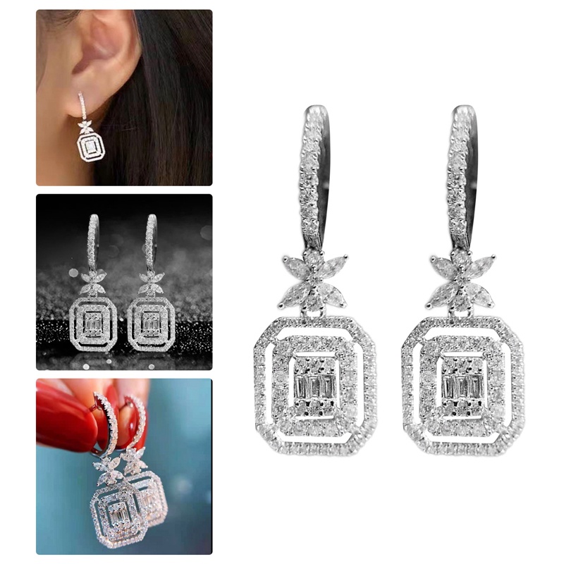 Anting Menjuntai Desain Bunga Warna Silver Bahan Cubic Zirconia Untuk Wanita