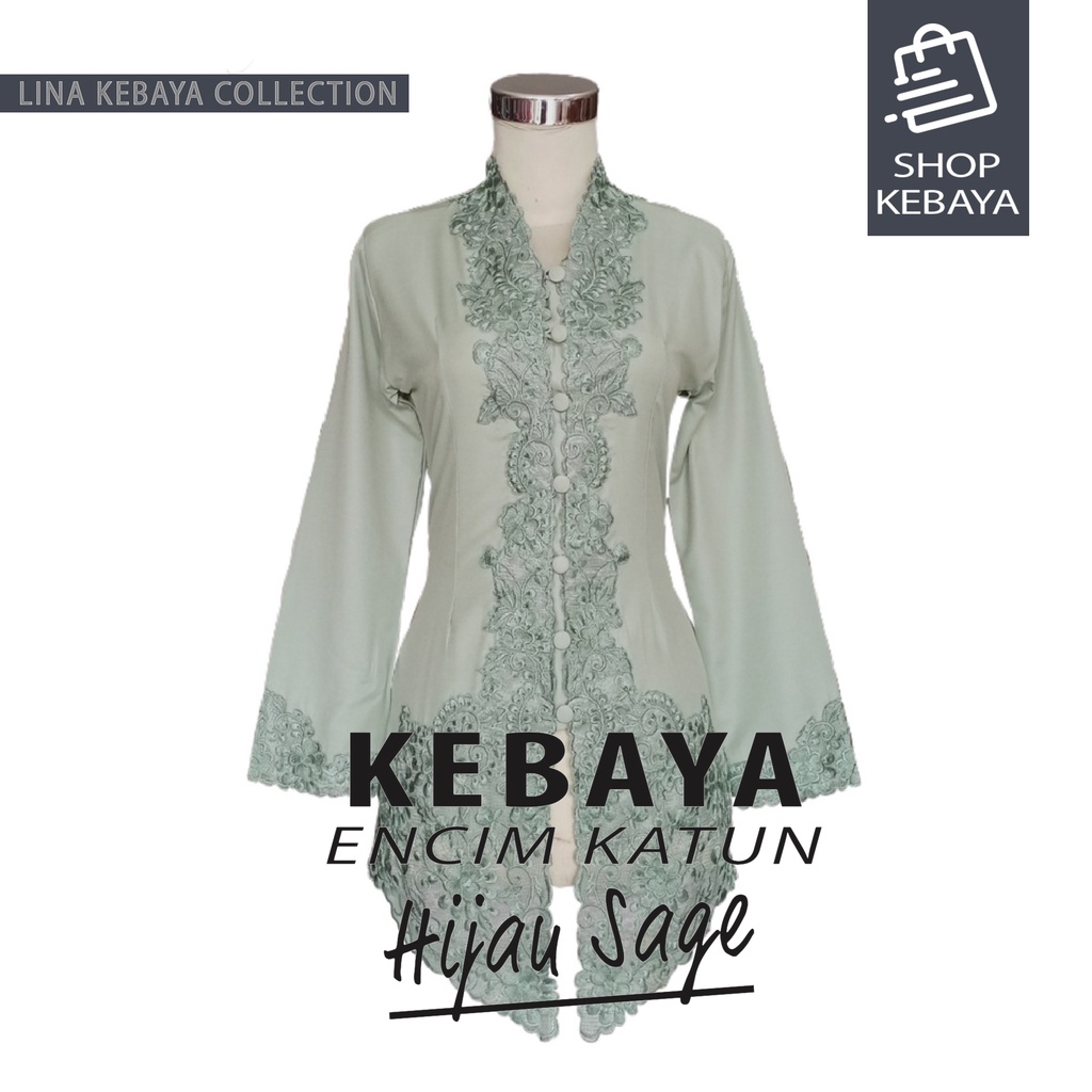Kebaya Encim Kartini Katun Bordir Modern Hijau Sage Lengan Panjang Jumbo