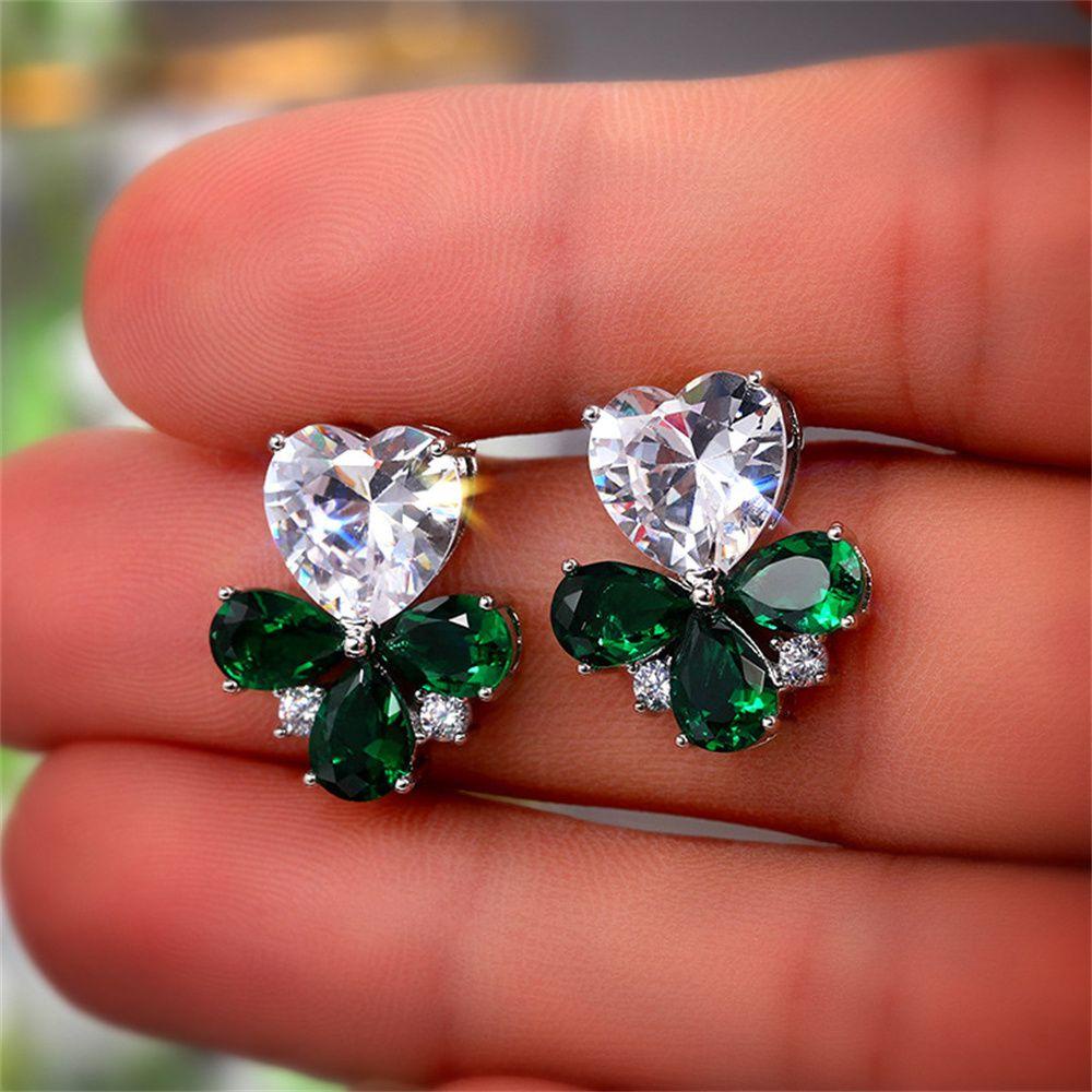 Preva Anting Tetes Air Kristal Emerald Heart Stud Earring Cubic Zircon