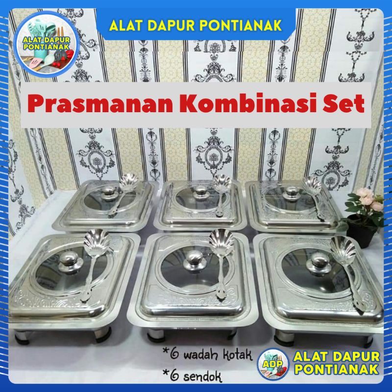 Prasmanan set 555 Stainless Steel Segi Wadah Saji Kotak Motif 6pcs Free 6 pcs Sendok Kerang