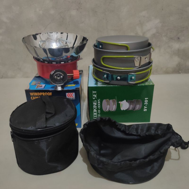 Paket Alat Masak Camping DS301 + Kompor Mawar Windproof