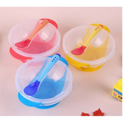 mangkok bayi tutup sendok makan bayi dengan sensor panas dan anti slip anti pecah