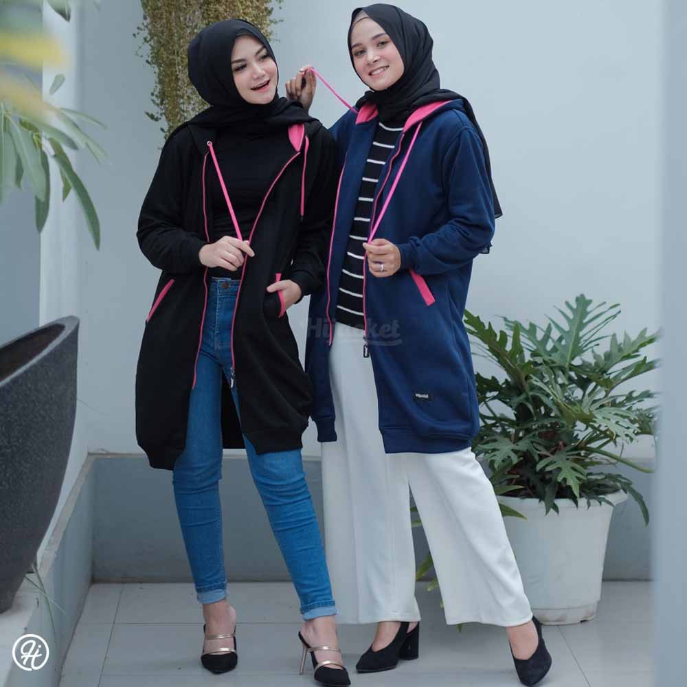 Jaket Jacket Polos Hoodie Panjang Wanita Cewek Hijabers Kekinian Hijacket Fashion Terbaru Hitam & Navy Pink-6