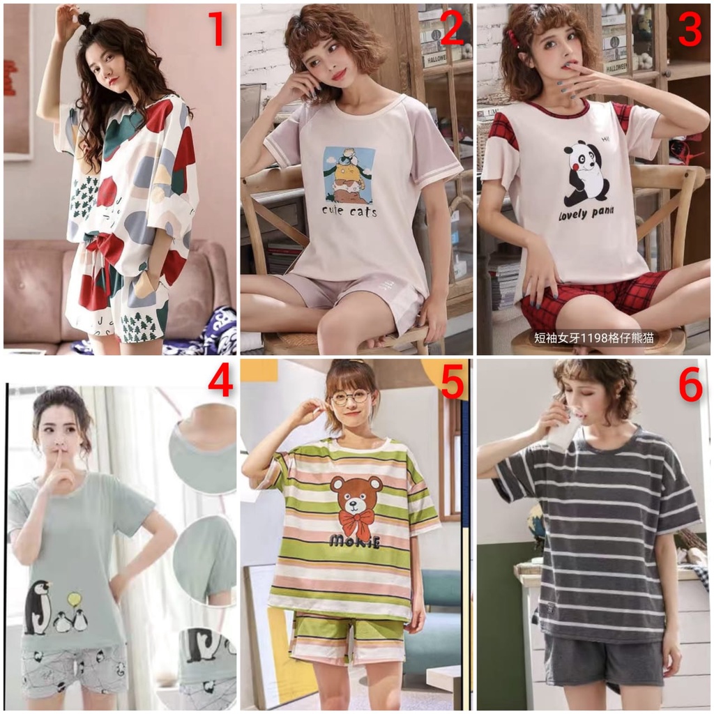 Baju tidur piyama lengan pendek celana pendek bahan kaos import