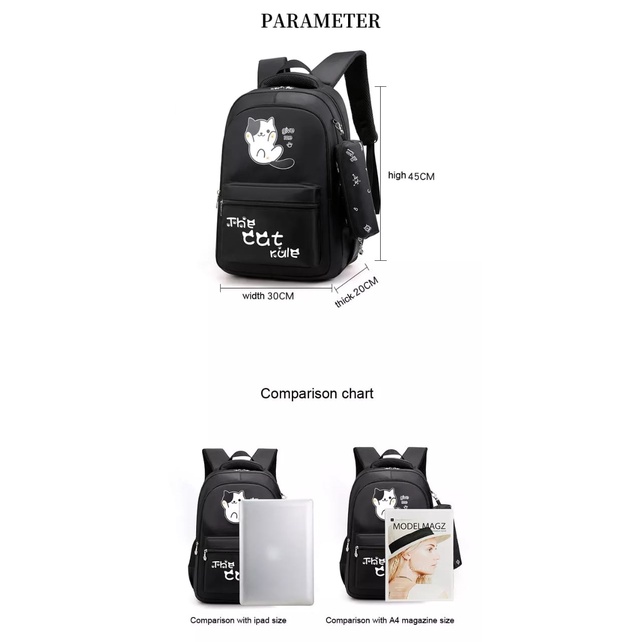 BATOSAI THE CAT RULE - Tas Sekolah Untuk Anak Perempuan Remaja Tas Ransel Kucing Lucu Backpack Besar Solid Kanvas Dinnir Bestseller