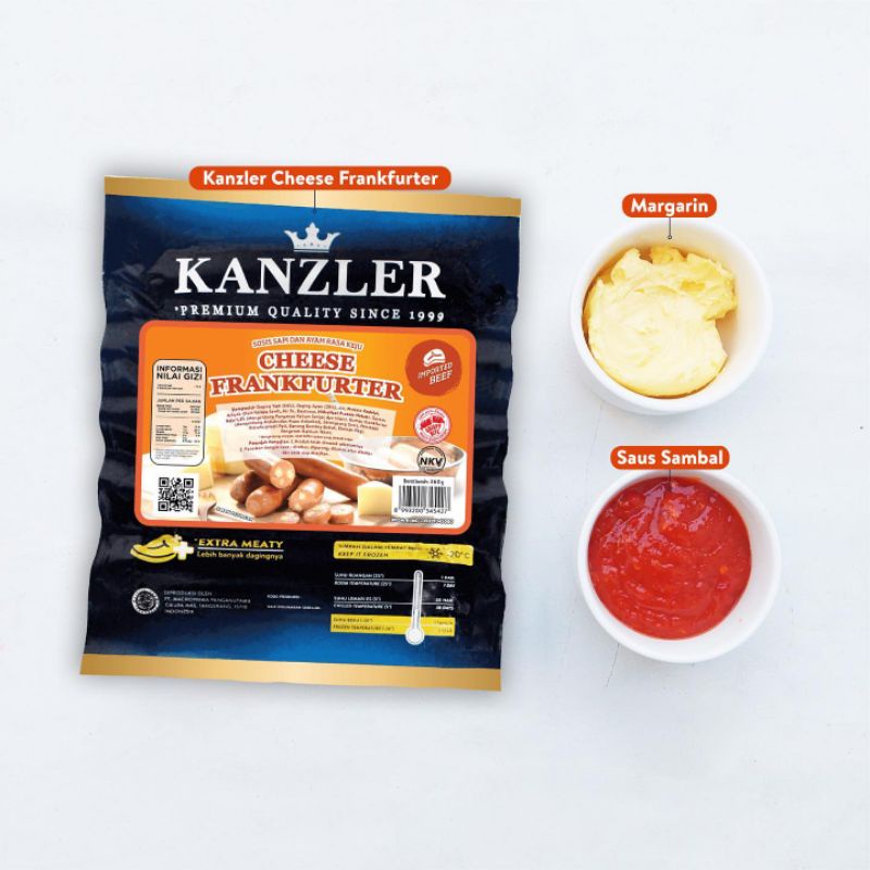 

SOSIS KANZLER CHEESE FRANKFURTER ISI 5 BATANG 360GR PREMIUM CHEESE SAUSAGE FROZENFOOD