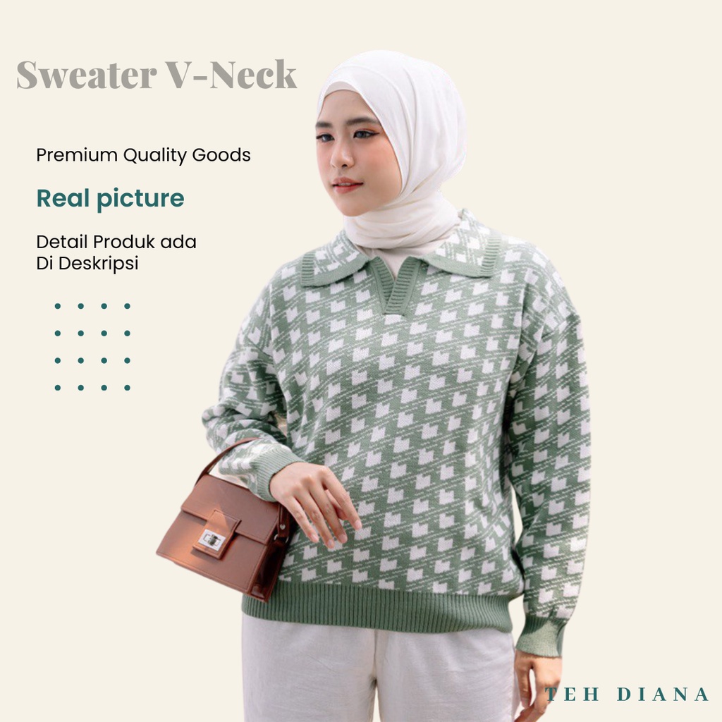 TEH DIANA - Sweater Rajut Wanita Premium Oversize VNeck Lengan Panjang Gaya Korea