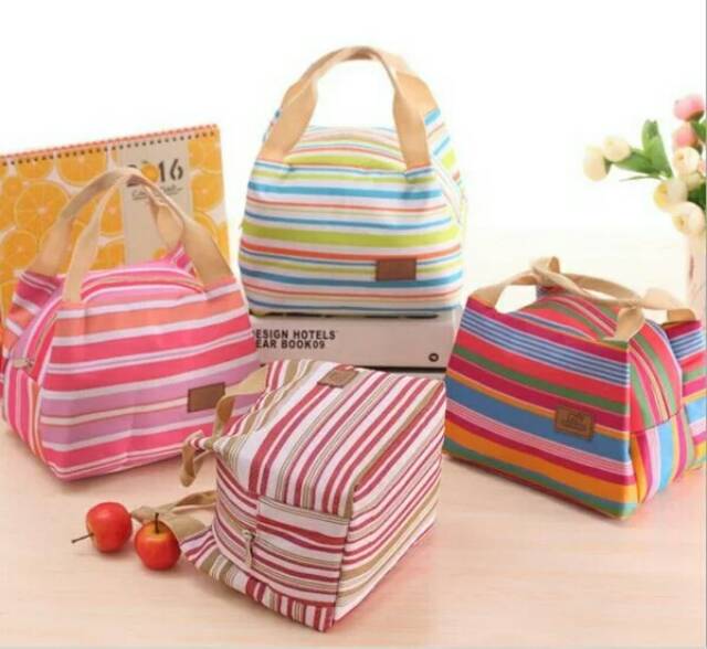 Lunch bag cooler bag motif salur/garis tas bekal makanan panas dingin tas bekal anak