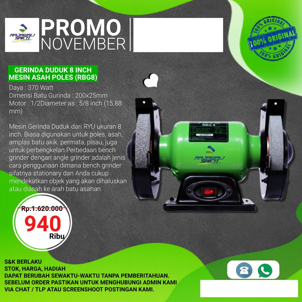 Mesin Gerinda Duduk 8 Inch Ryu Bench Grinder RBG 8