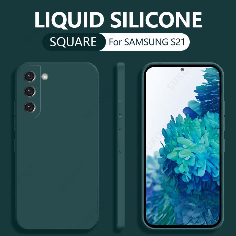Samsung Galaxy S21 Plus S20 FE Samsung Galaxy Note20 Note 20 S21 Ultra S21+ Casing Square Liquid Silicone Phone Case Soft TPU Shockproof Bumper Back Cover-Dark green