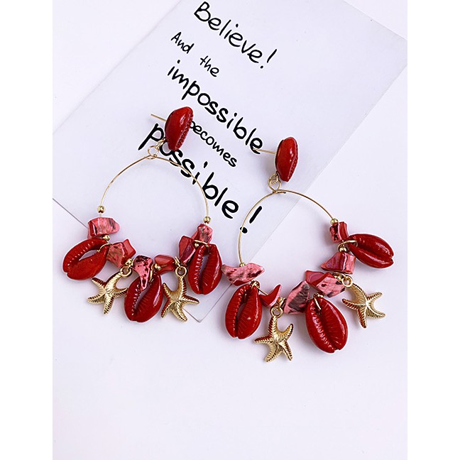 LRC Anting Tusuk Fashion Red Alloy Resin Shell Earrings F67967