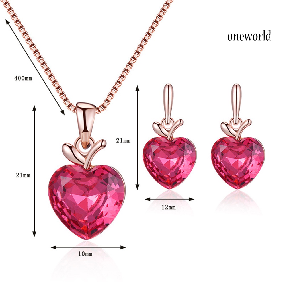 OW@ Heart Shape Rhinestone Pendant Necklace Ear Stud Earrings Women Jewelry Set