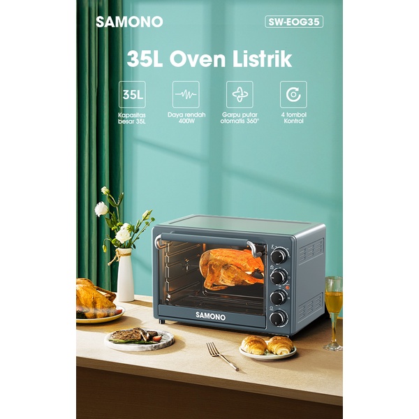 SAMONO 35L Oven Listrik Daya Rendah 400W Panas Garpu Panggang Otomatis 360° Desain Ergonomis 4 Tombol Kontrol SW-EOG35