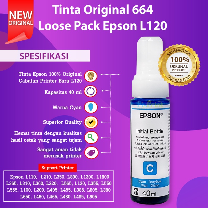 Tinta Epson 664 T664 Original Refill Printer L120 L121 L1300 L565 L360 Black Cyan Magenta Yellow