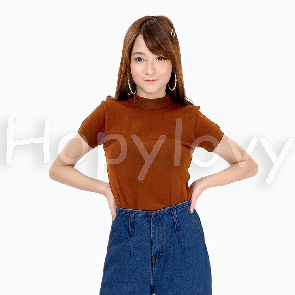 HOPYLOVY - Atasan Rajut Wanita Turtleneck / Kerah Tinggi Lengan Pendek Nadira-Bata