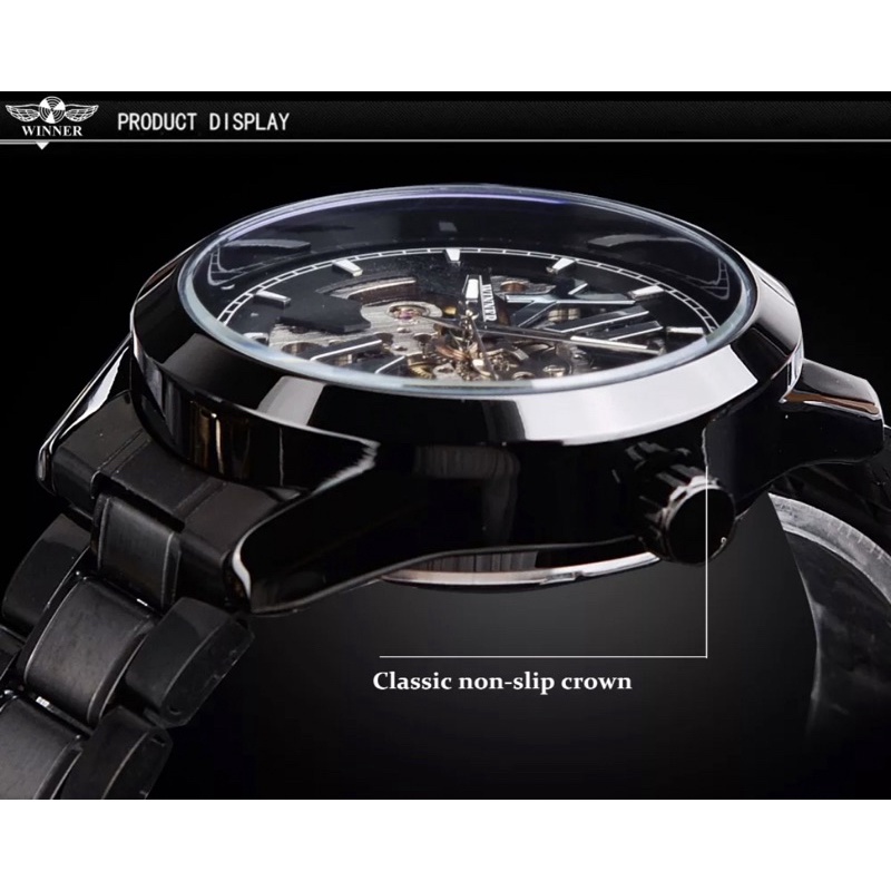 Jam Tangan Automatic Winner Sporty Bisnis Mewah All Black Stainless Steel