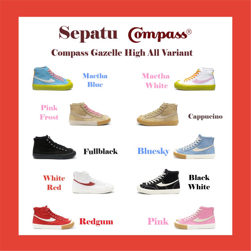 Sepatu Compass Gazelle High Black White/BW/Purple Haze/Cream/Matcha White/Matcha Blue/White Red Size