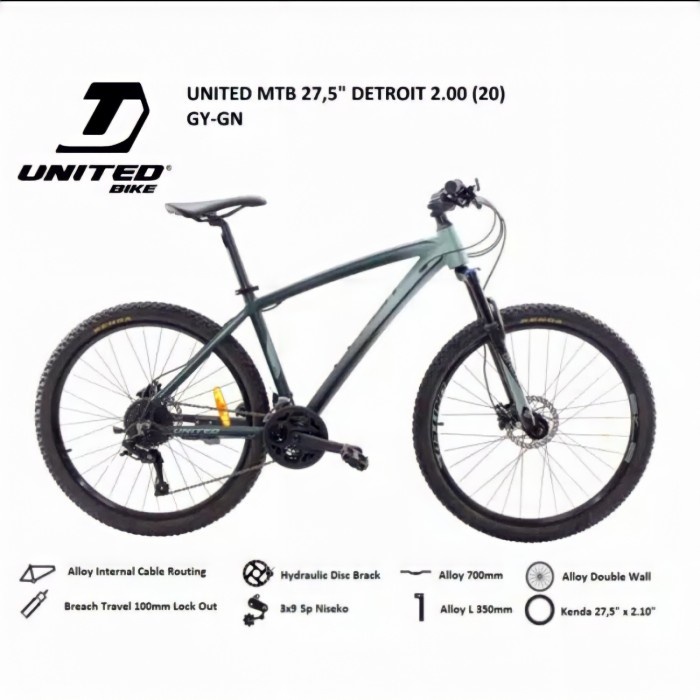 KHUSUS GOJEK/GRAB Sepeda Gunung MTB UNITED DETROIT 2.00 27.5 Inch - Grey Green