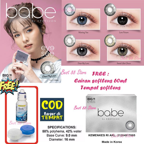 SOFTLENS BABE X2 EXOTICON 16MM BIG EYES + GRATIS CAIRAN PEMBERSIH 60ML + TEMPAT LENSA - NORMAL