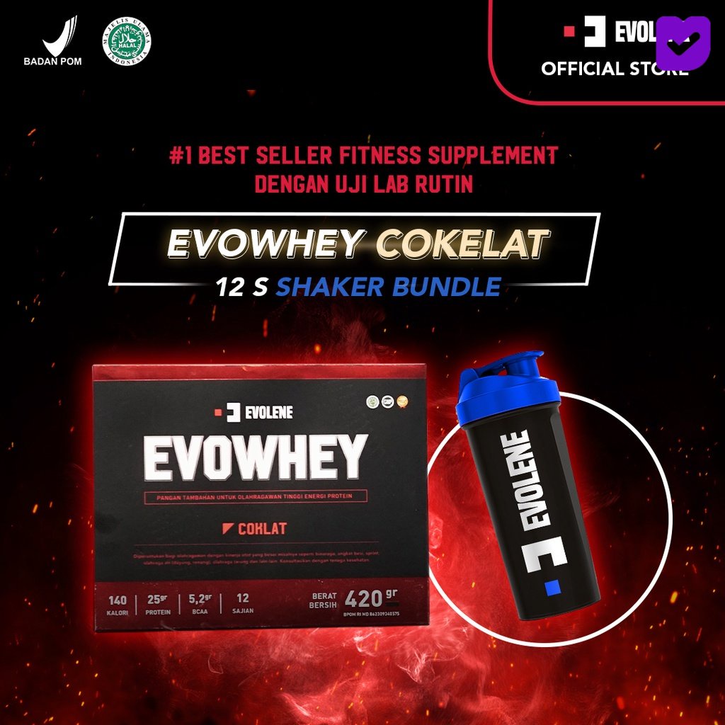 

Evolene | Whey Protein | Coklat | 456gr/12 Sachet | + Shaker Evolene fitness pembentuk Otot