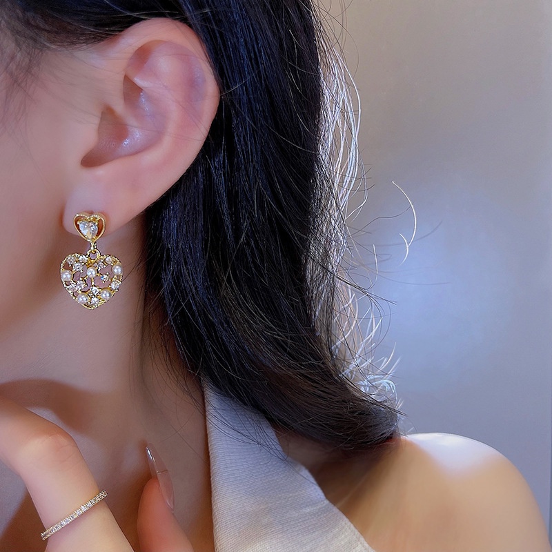 Anting stud 925 silver needle Bentuk Hati Aksen Mutiara Berlian Imitasi Untuk Wanita