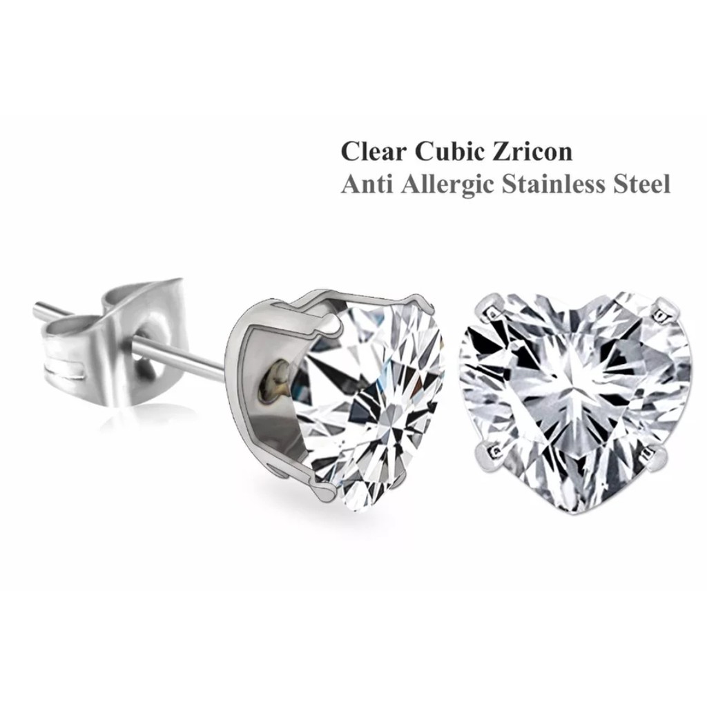 Anting Tusuk Stenless Bentuk Love Zirkon Artifisial Bentuk Hati Warna Stell Gold dan Silver 0,4cm, 0,5cm, 0,6cm, dan 0,8cm