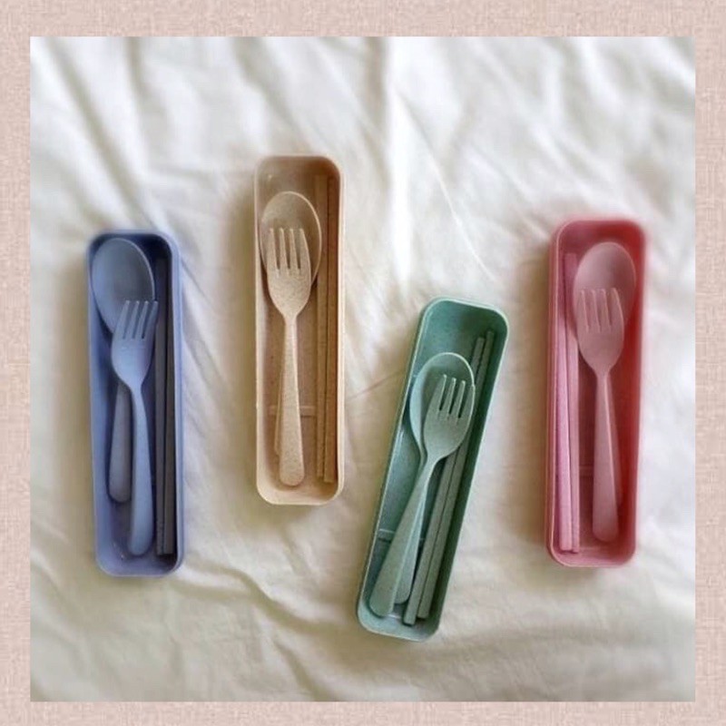 CUTLERY SET PERALATAN MAKAN WHEAT STRAW GANDUM JERAMI SENDOK GARPU SUMPIT REUSABLE