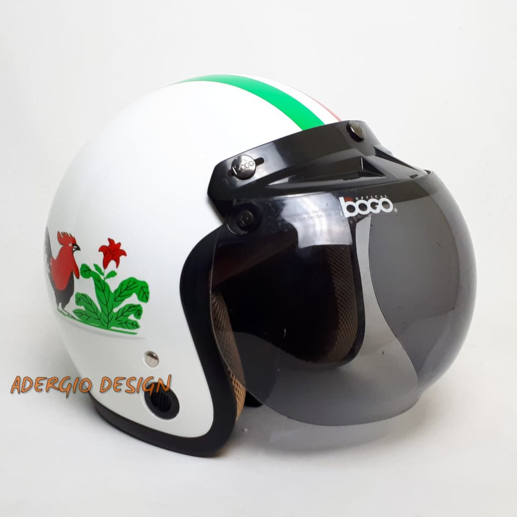  HELM  BOGO Motif  Mangkuk Ayam Jago Putih Glossy Full Cat  