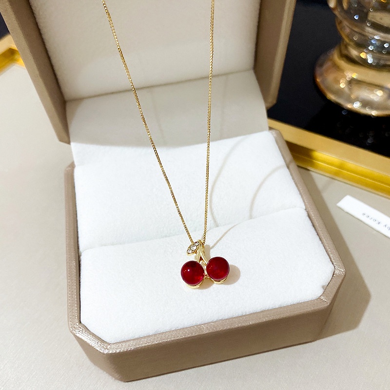 Kalung Rantai Klavikula Desain Cherry Warna Merah Gaya Korea Untuk Wanita