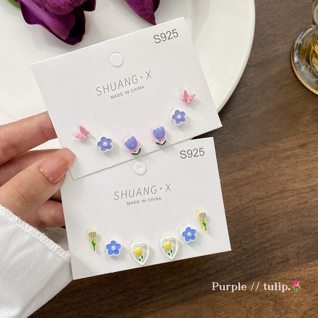 Set Anting Hoop S925 Silver Bentuk Bunga Tulip Butterfly Untuk Wanita