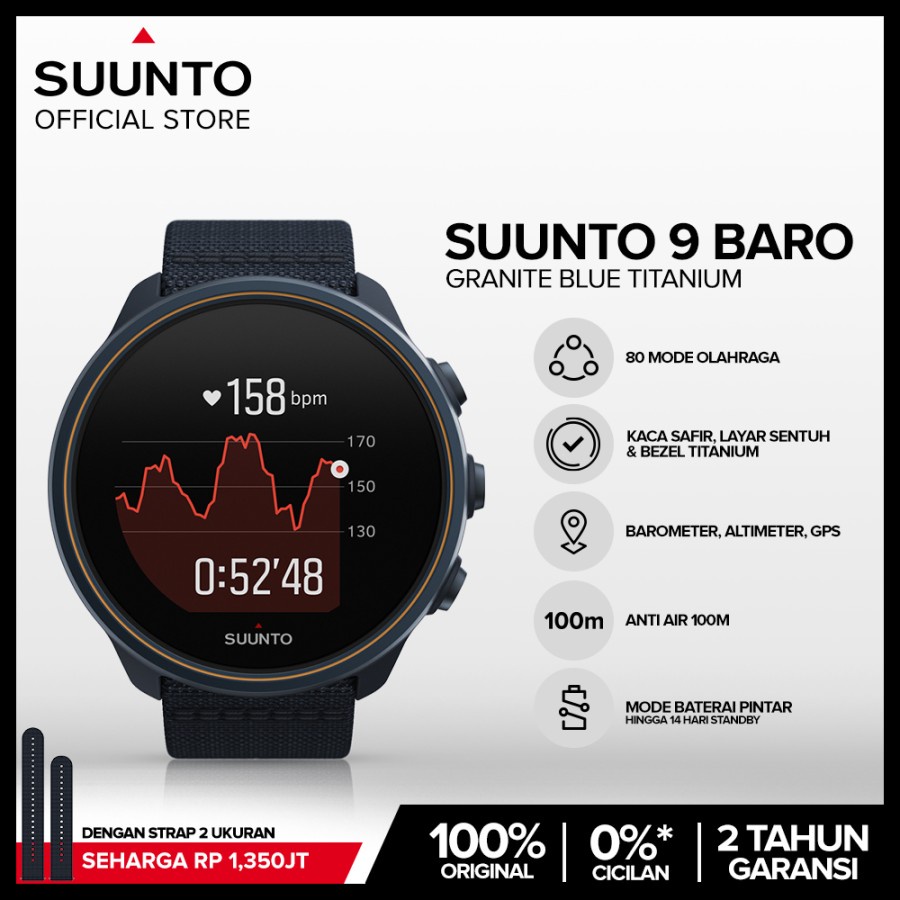 SUUNTO 9 Baro Granite Blue Titanium 50mm Smartwatch / Jam Tangan Pria Original Water Resistant GPS Navigation (SS050565000)