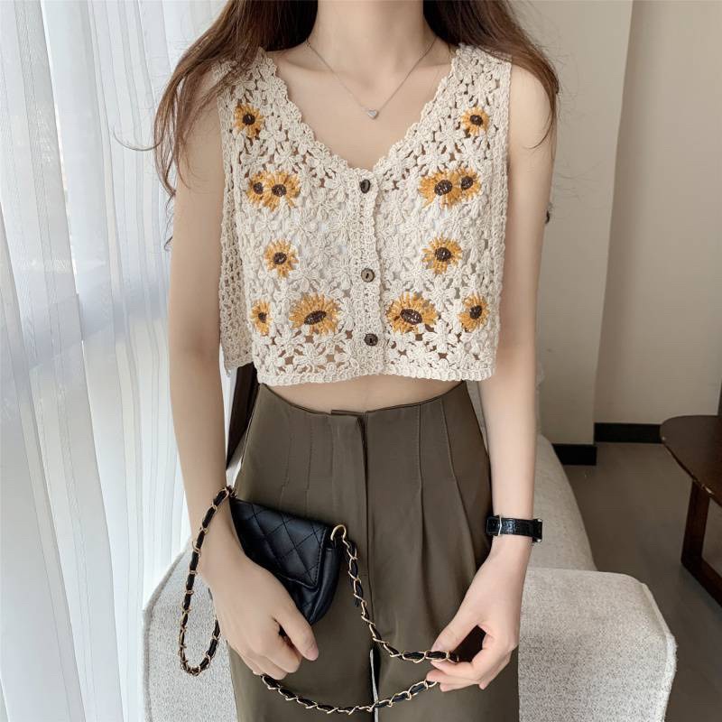 Rompi Cardigan Wanita Import Sunflower Vest Crochet Knit Woman Top Fashion Terbaru AV235