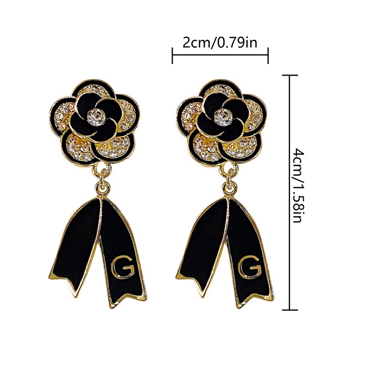 Anting Tusuk Gantung Wanita Desain Bunga Camellia Hitam Hias Berlian Imitasi Untuk Pesta