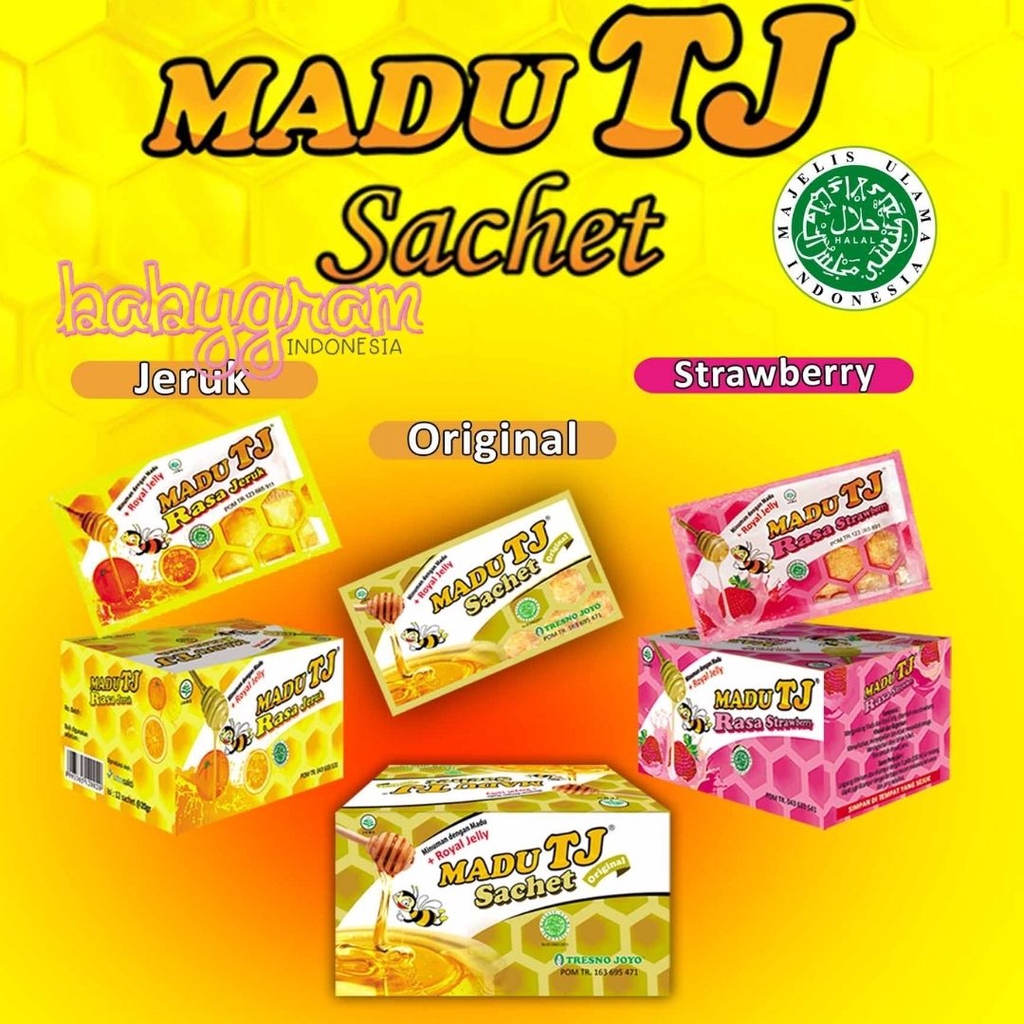 

Madu TJ SACHET 1 Box isi 12 Sachet Honey tresno joyo saset madutj / Madu Tresnojoyo Original Jeruk Strawberry 1dus isi 12sachet